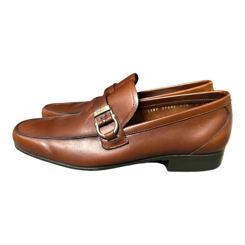 Salvatore Ferragamo Brown Calfskin Leather Loafers with Gancini Ornament